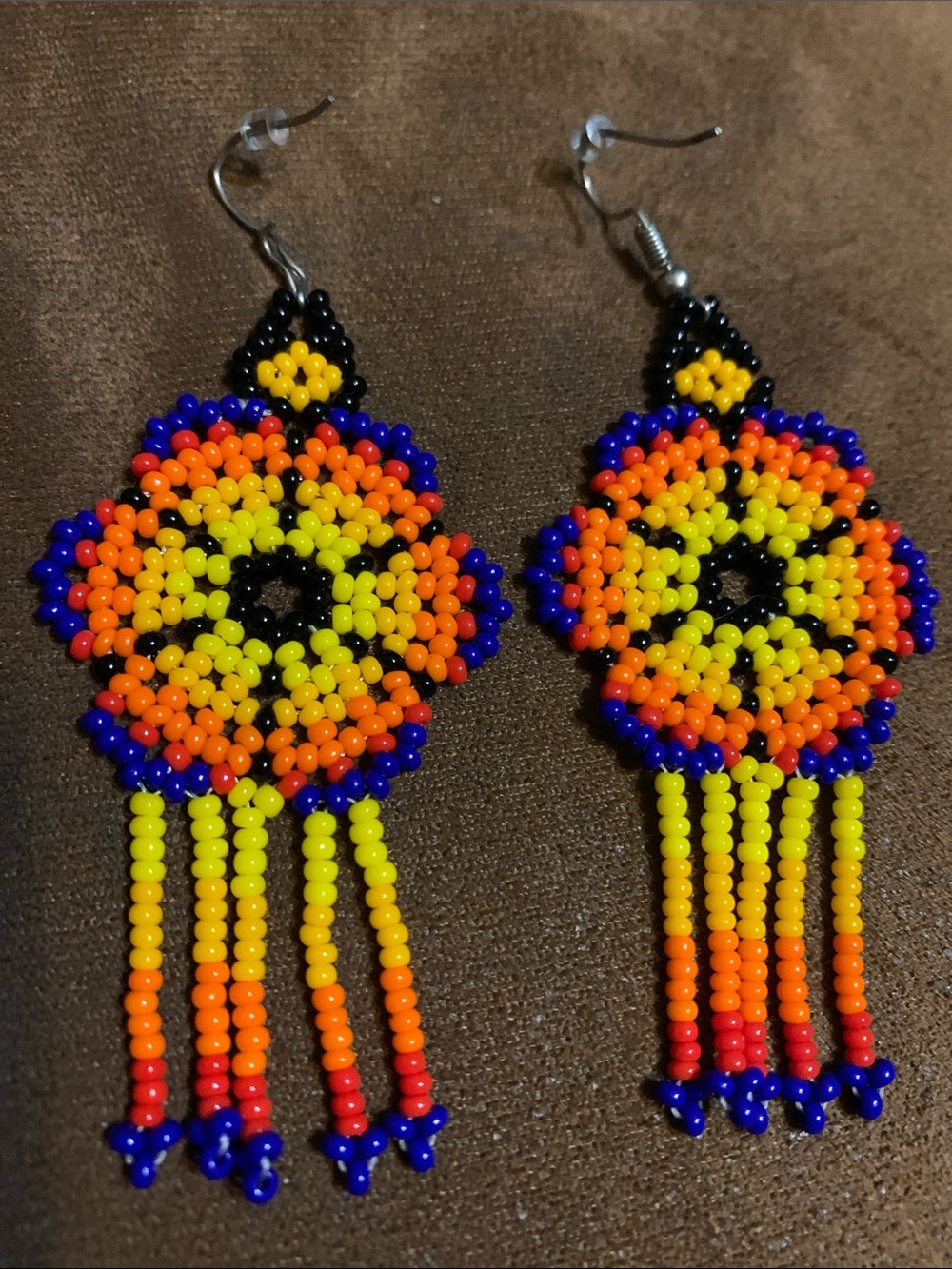 Peyote Beaded Fringe Earrings in Yellow & Orange with Blue Accents